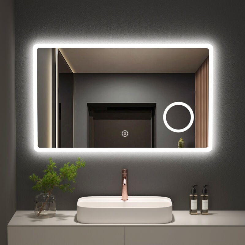 Meykoers Miroir de salle de bain avec éclairage 100x60cm Miroir lumineux Cosmétiques avec 3x Loupe, Commutateur Tactile