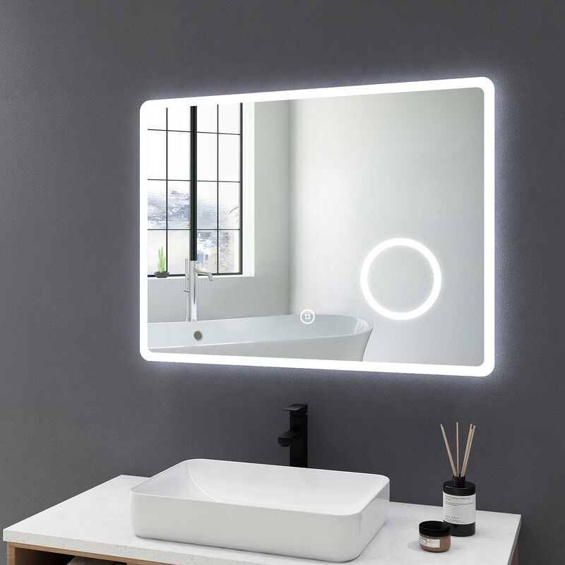 Meykoers - Miroir de salle de bain Illumination avec Anti-buée 80x60cm Dimmable lumineux Mural Miroir Led avec 3x Loupe Interrupteur Tactile