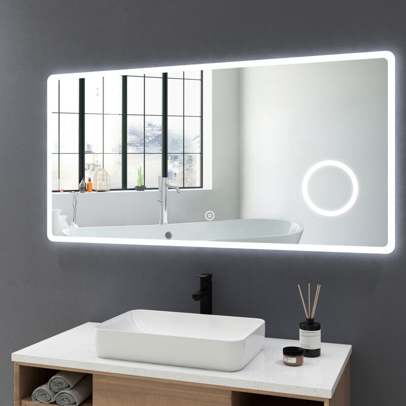 Meykoers - Miroir de salle de bain led 120x60cm avec éclairage Miroir Lumière Cosmétique 3x Loupe Miroirs, Commutateur Tactile - Blanc froide