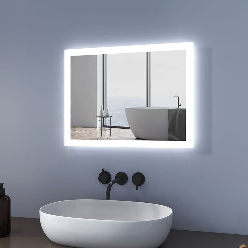 Meykoers - Miroir de salle de bain led 60x45cm anti-buée, Miroir Mural avec éclairage led, Interrupteur Mécanique, blanc froid + Blanc chaud éclairage
