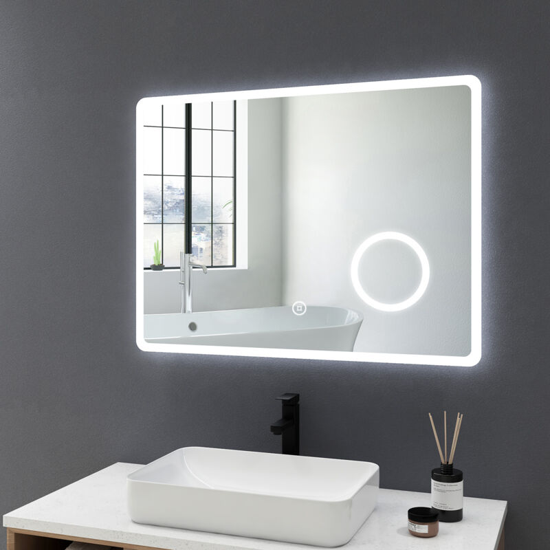 Meykoers - Miroir de salle de bain led 80x60cm avec éclairage anti-buée Miroir Lumière Cosmétique Miroir grossissant 3x, Commutateur Tactile - Blanc