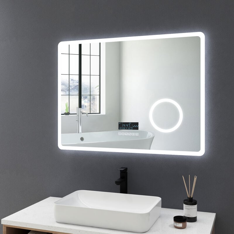 Meykoers - Miroir de salle de bain led 80x60cm avec éclairage anti-buée et Bluetooth Miroir Lumière Cosmétique Miroir grossissant 3x, Commutateur