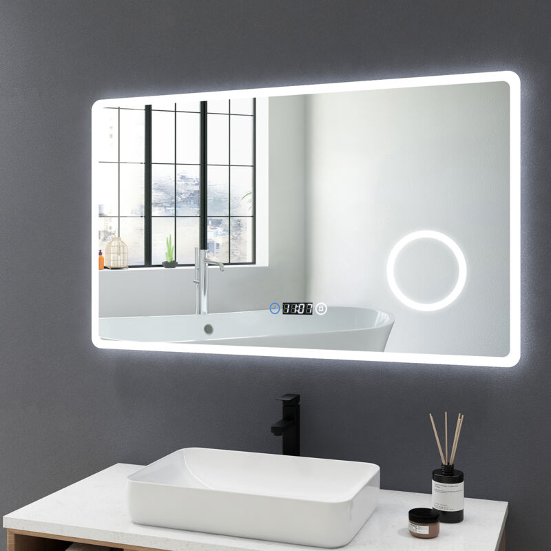 Meykoers - Miroir de salle de bain led 100x60cm avec éclairage Horloge led éclairage Réglable Miroir Lumière Cosmétique Miroir grossissant 3x,