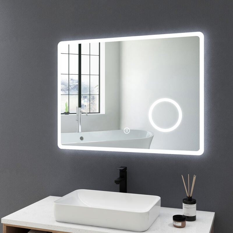 Meykoers - Miroir de salle de bain led 80x60cm avec éclairage anti-buée led éclairage Réglable Miroir Lumière Cosmétique Miroir grossissant 3x,