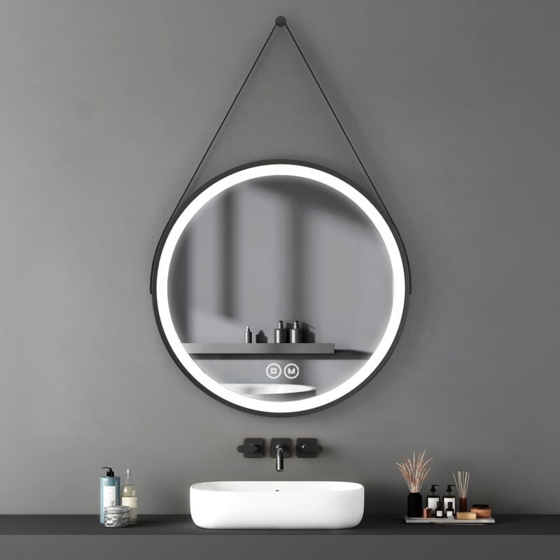 Meykoers - Miroir de salle de bain Rond 70cm miroir Muraux Gradable, led Rond Miroir Mural 3 couleurs Lumières avec Bracelet en simili-cuir noir