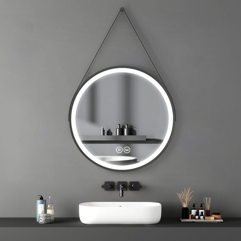 Meykoers Miroir de salle de bain Rond 60cm miroir Muraux Gradable, LED Rond Miroir Mural 3 couleurs Lumières avec Bracelet en simili-cuir noir
