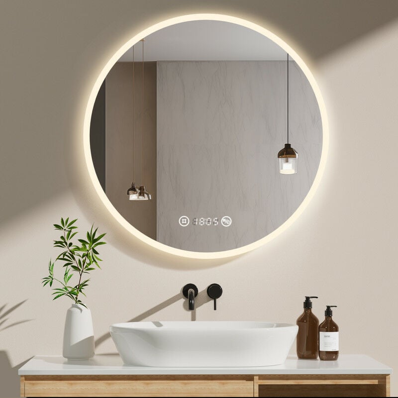 Meykoers Miroir Salle de Bain anti-buée 80 cm LED Miroir Lumineux salle de bain avec Interrupteur Tactile + Horloge et Dimmable
