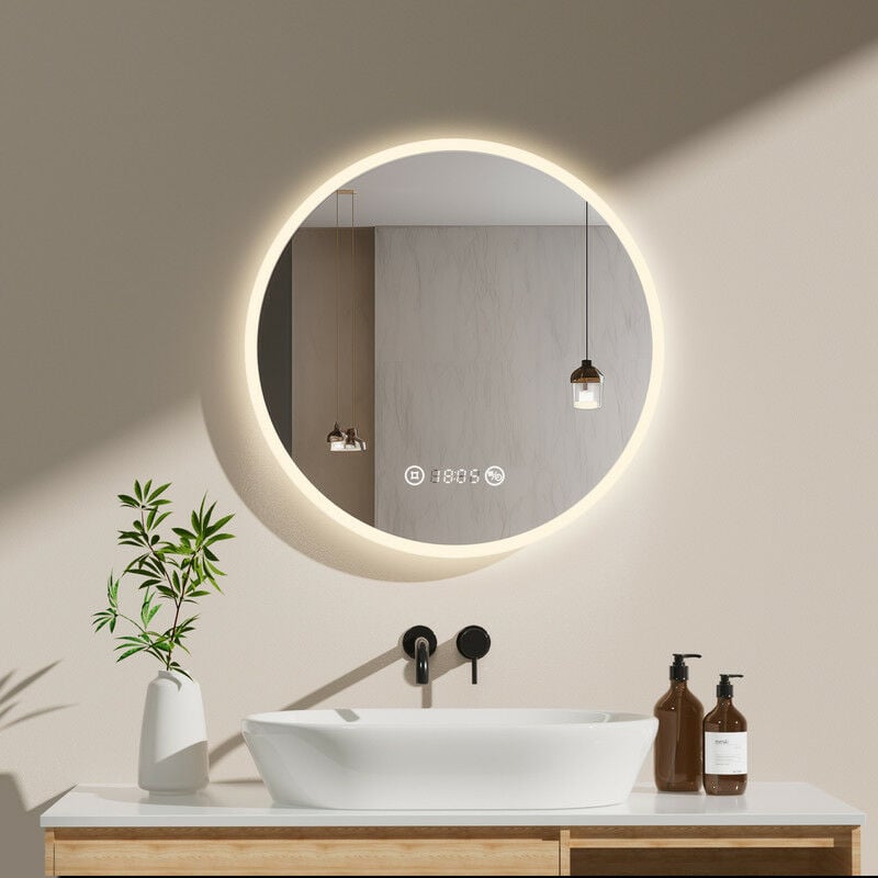 Meykoers - Miroir Salle de Bain anti-buée 60 cm led Miroir Lumineux salle de bain avec Interrupteur Tactile + Horloge et Dimmable