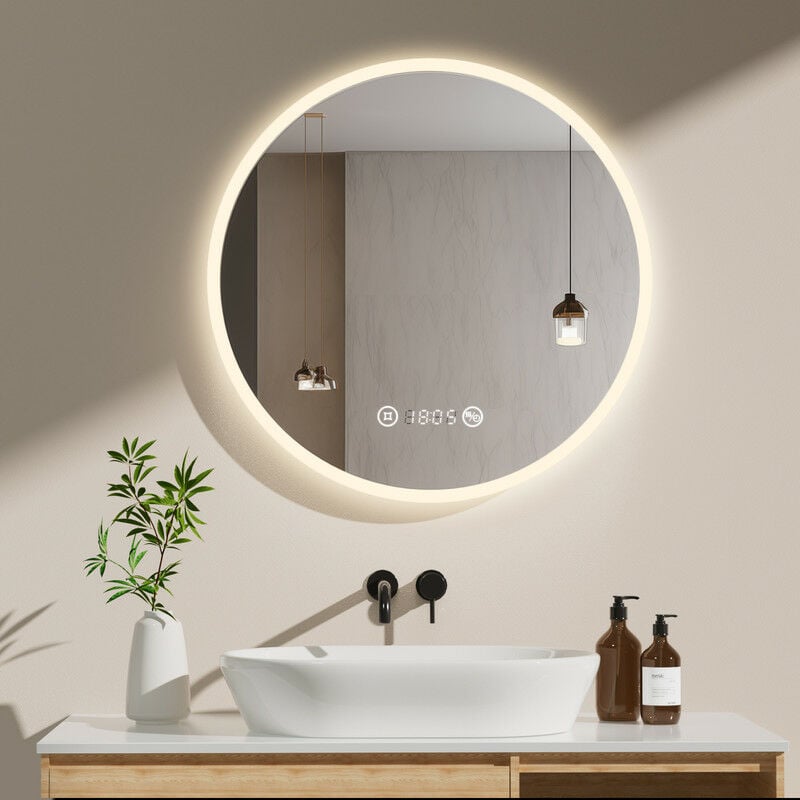 Miroir Salle de Bain anti-buée 70 cm led Miroir Lumineux salle de bain avec Interrupteur Tactile + Horloge et Dimmable - Meykoers