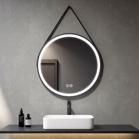 Meykoers Miroir de salle de bain Rond LED Rond miroir Muraux Gradable miroir mural avec Bracelet en simili-cuir noir - Blanc Froid/Chaud/Neutre