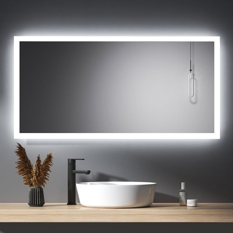 Miroir de salle de bains 120x60cm Miroir led Mural avec anti-buée et Interrupteur Mécanique, led Miroir blanc froid + Blanc chaud éclairage - Meykoers