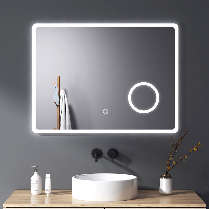Meykoers - Miroir led de salle de bain 80x60cm Miroir éclairage avec 3x Miroir Maquillage, Commutateur tactile, Blanc froide Lumière