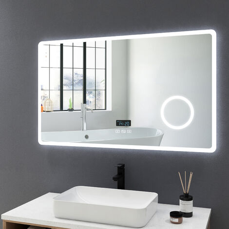 Meykoers Miroir lumineux de salle de bain 100x60cm avec anti-buée, horloge, Bluetooth, 3 types LED dimmable et 3x Loupe Miroir Maquillage