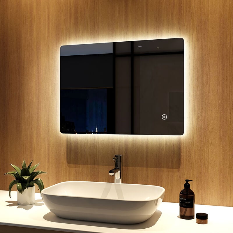 Miroir lumineux de salle de bain 70x50cm avec anti-buée miroir Mural, Commutateur Tactile, Blanc Froid éclairage - Meykoers