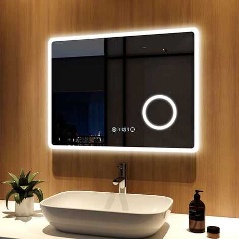 Meykoers Miroir lumineux de salle de bain 80x60cm avec anti-buée et horloge, 3x Loupe Miroir Maquillage, Blanc froide
