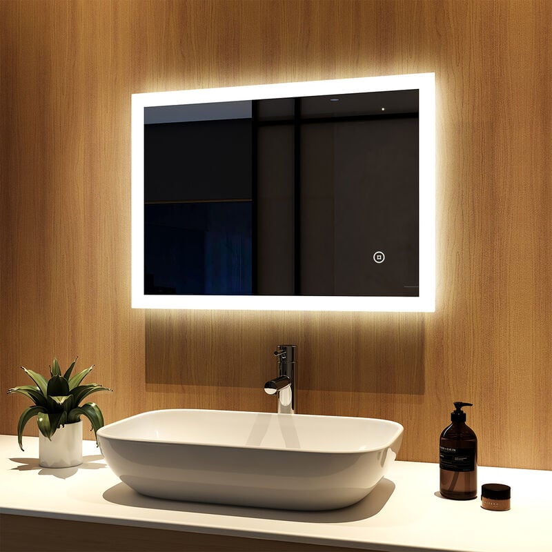 Miroir lumineux de salle de bain 50x70cm Miroir Muraux éclairage avec Interrupteur Tactile - 6500K Lumière Blanc froide - Meykoers