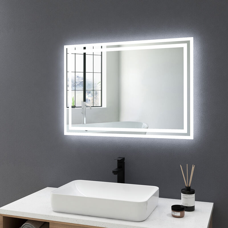 Meykoers - Miroir lumineux 70x50cm Miroir de salle de bain Anti-buée, Miroir Mural avec Illumination 2 couleurs led réglables, Interrupteur Mécanique