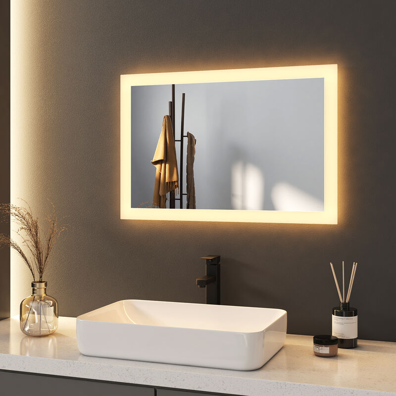 Miroir Lumineux Salle de Bain 60x40cm Miroir Mural avec éclairage led, Interrupteur mural, Blanc Chaud - Meykoers