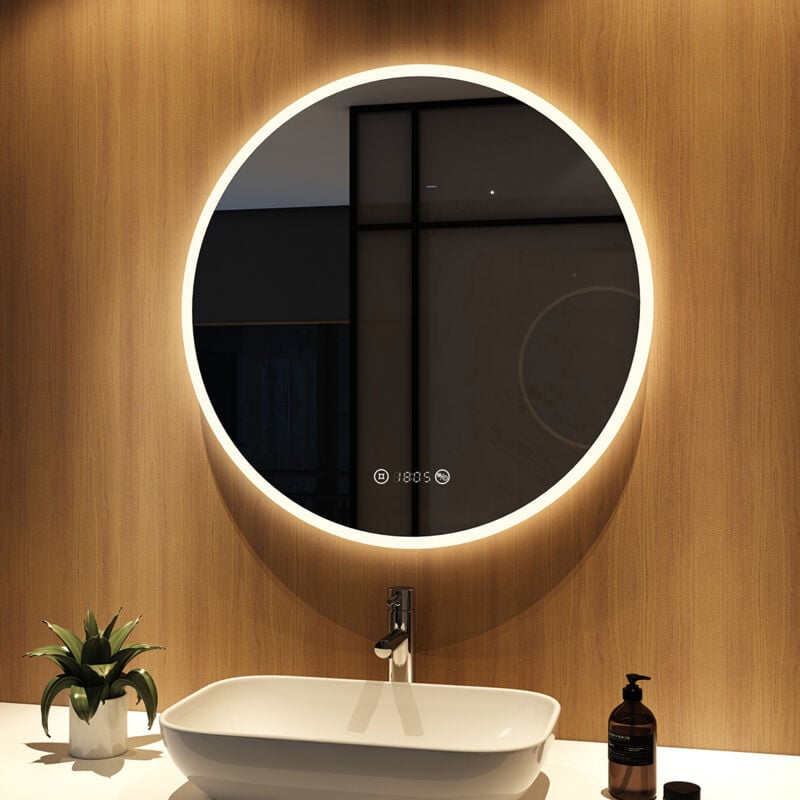 Miroir salle de bain anti-buée Rond 80cm led miroir cosmétique lumineux Dimmable avec Tactile et Horloge - Neutre Éclairage - Meykoers