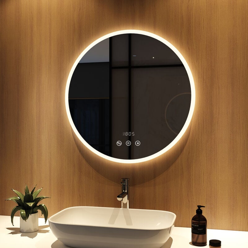 Miroir salle de bain anti-buée Rond 70cm led miroir cosmétique lumineux Dimmable avec Tactile, Bluetooth et Horloge - Neutre Éclairage - Meykoers