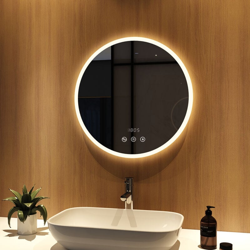 Miroir salle de bain anti-buée Rond 60cm led miroir cosmétique lumineux Dimmable avec Tactile, Bluetooth et Horloge - Neutre Éclairage - Meykoers