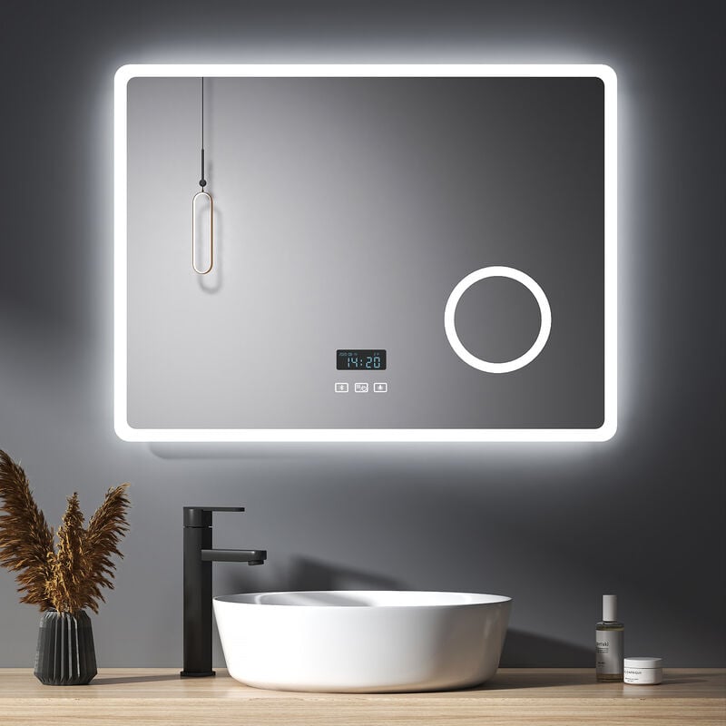 Meykoers Miroir mural lumineux avec Anti-buée 80x60cm Dimmable Éclairage Miroir de salle de bain avec horloge, 3x Loupe, Bluetooth et Interrupteur