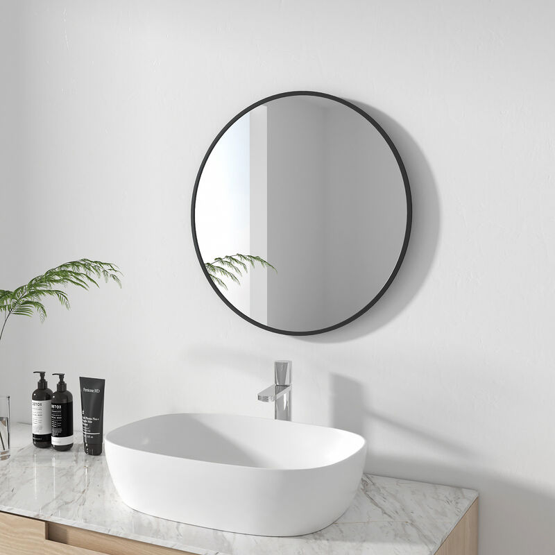 Meykoers - Miroir Mural Rond 60cm Miroir simple de salle de bain aver Cadre en métal noir mat