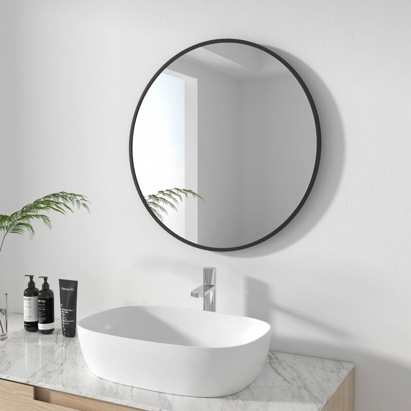 Meykoers Miroir Mural Rond 70cm Miroir simple de salle de bain aver Cadre en métal noir mat