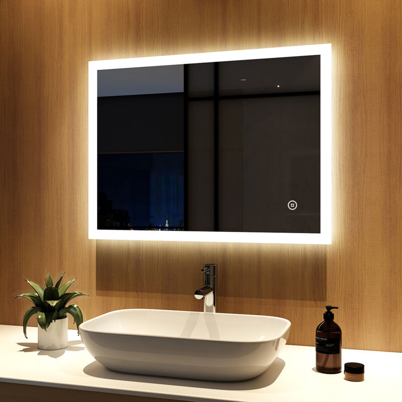 Miroir Salle de Bain 80x60cm Miroir lumineux led, Miroir Cosmétiques Mural avec éclairage, Interrupteur Tactile - Blanc froide - Meykoers