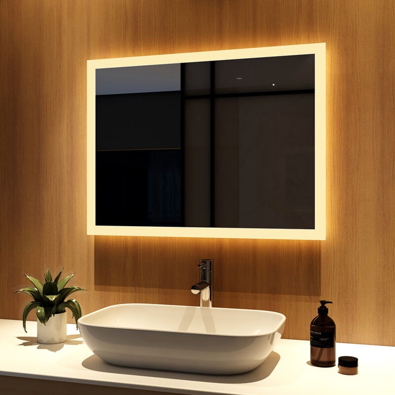Miroir Salle de Bain 80x60cm Miroir lumineux led, Miroir Cosmétiques Mural avec éclairage, Interrupteur mural - Blanc Chaud - Meykoers
