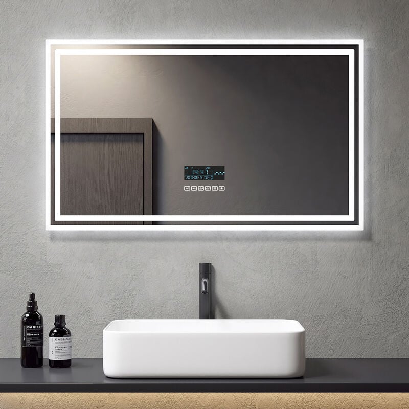 Meykoers - Miroir de Salle de Bain Lumineux 100x60cm Miroir led éclairage Tactile Commutateur avec Bluetooth ,Anti-buée et Horloge- Blanc froide