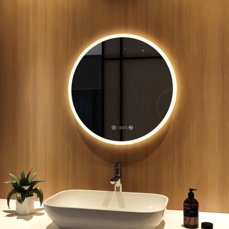Meykoers Miroir salle de bain anti-buée Rond 60cm LED miroir cosmétique lumineux Dimmable avec Tactile et Horloge - Neutre Éclairage
