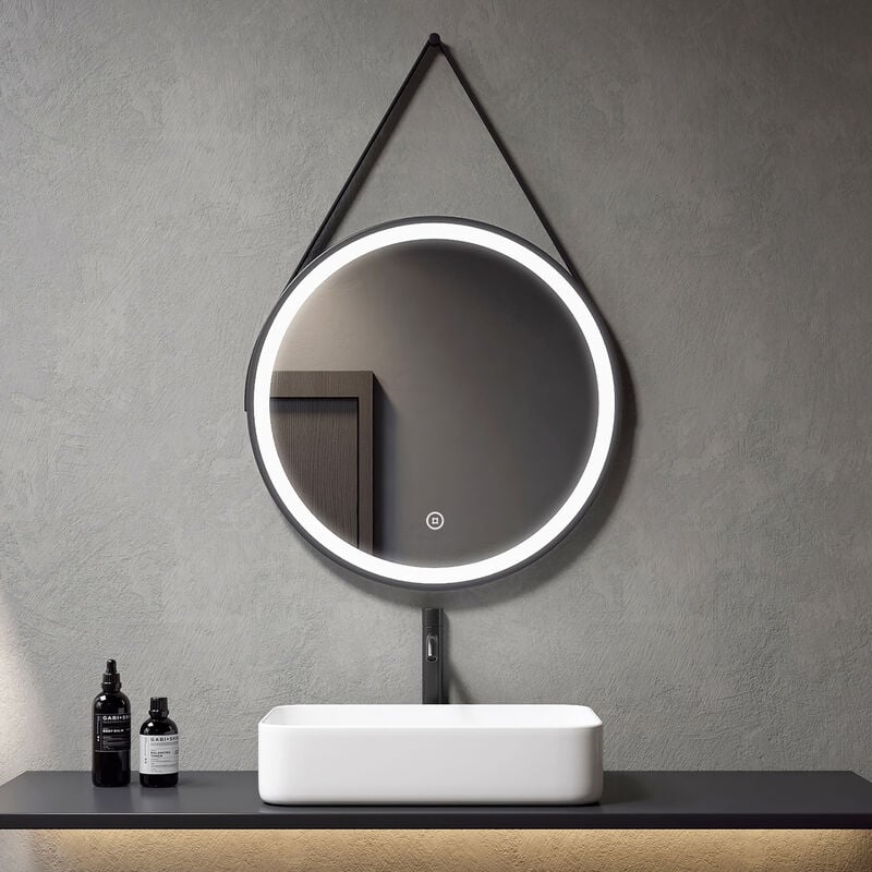 Miroir salle de bain éclairé Rond 70cm, Miroir Mural Rond lumineux avec Interrupteur Tactile, avec Bracelet en simili-cuir noir - Meykoers