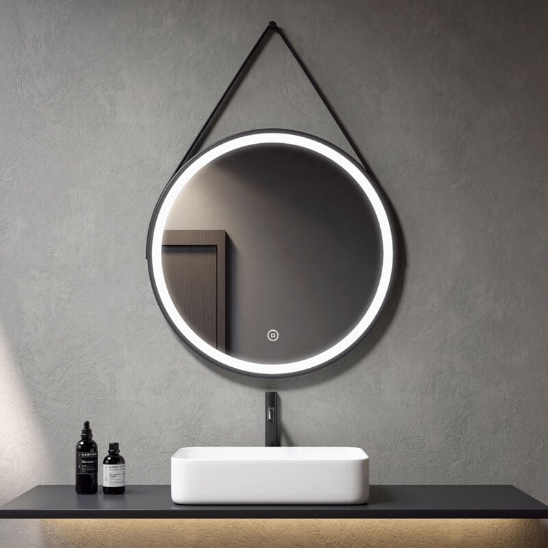Meykoers - Miroir salle de bain éclairé Rond 80cm, Miroir Mural Rond lumineux avec Interrupteur Tactile, avec Bracelet en simili-cuir noir