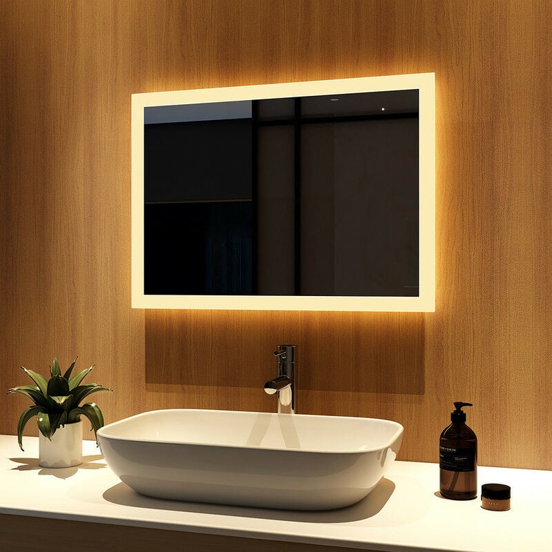Miroir Salle de Bain 50x70cm Miroir lumineux led, Miroir Cosmétiques Mural avec éclairage, Interrupteur mural - Blanc Chaud - Meykoers