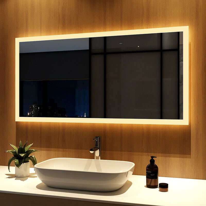 Meykoers - Miroir Salle de Bain 120x60cm Miroir lumineux led, Miroir Cosmétiques Mural avec éclairage, Interrupteur mural - Blanc Chaud