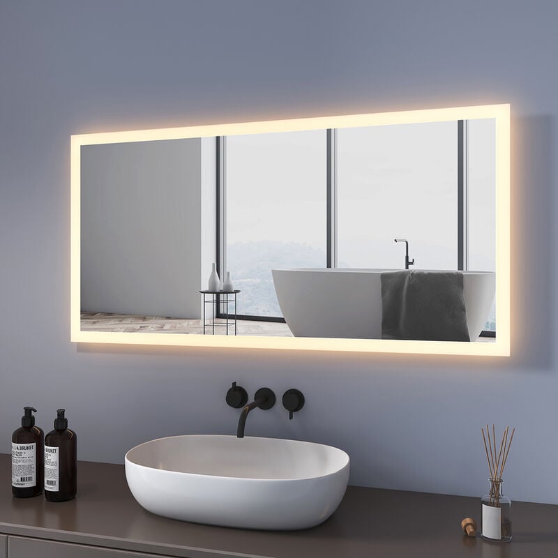 Meykoers - Miroir de salle de bain 120x60cm led Miroir Muraux avec éclairage Blanc Chaud, Interrupteur mural, 3000K Lumière Blanc Chaud