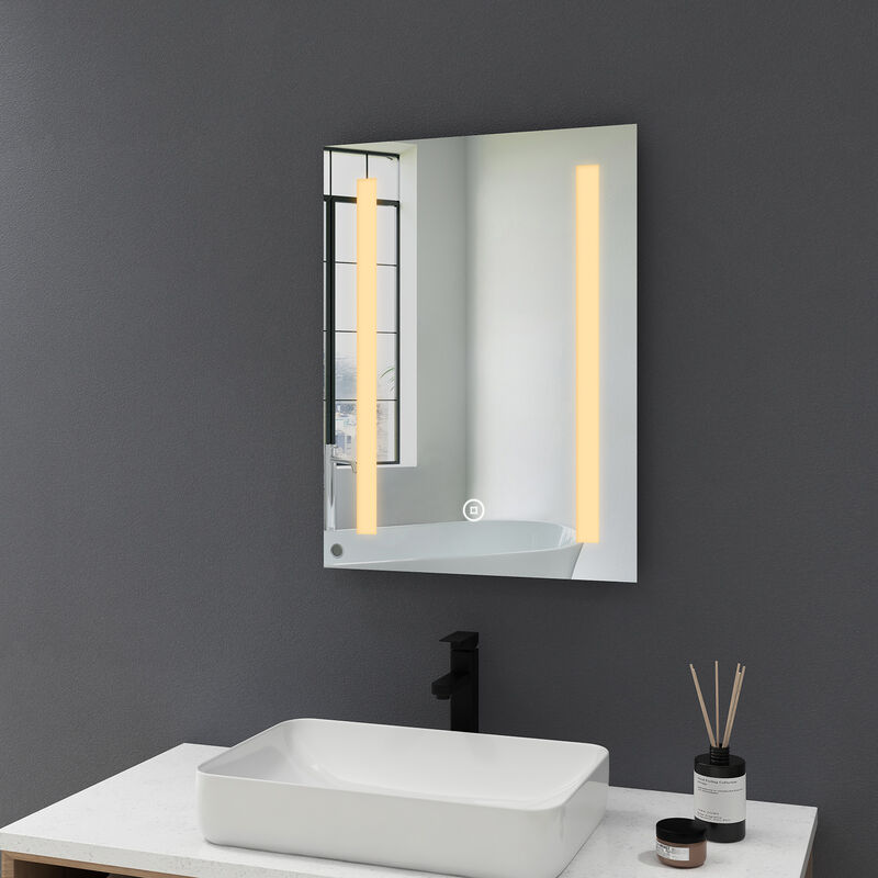 Miroir salle de bain avec éclairage 45x60cm Miroir anti-buée lumineux, Tactile Illumination Mural miroir Lumière blanc chaud - Meykoers
