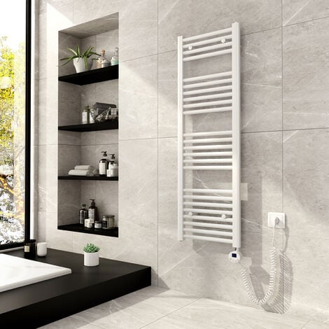 Meykoers Radiador Toallero Eléctrico 120x40cm Blanco Radiador de toalla eléctrico moderno con 500W Termostatos - Instalación bidireccional