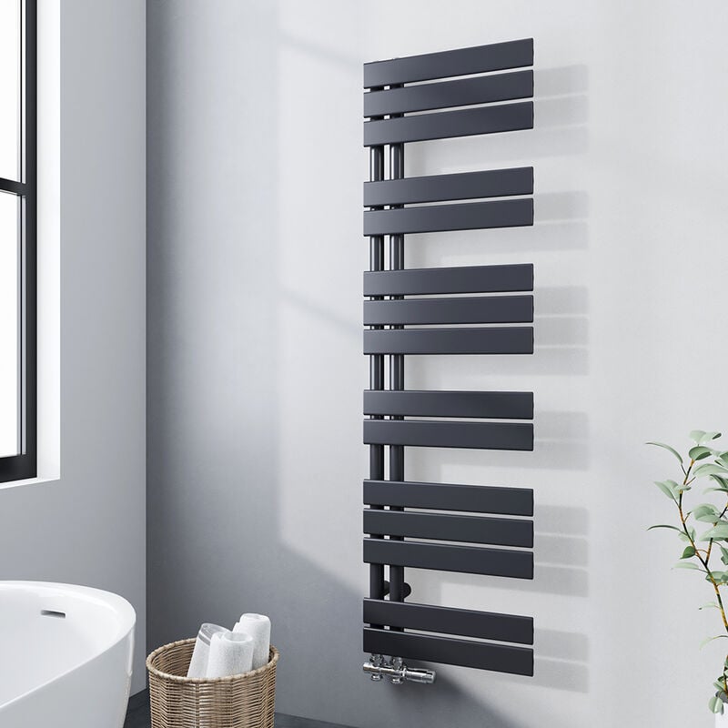 Radiateur sèche-Serviettes eau chaude 1385x400mm Anthracite Asymétrique à latérale ouverture 570W - Meykoers