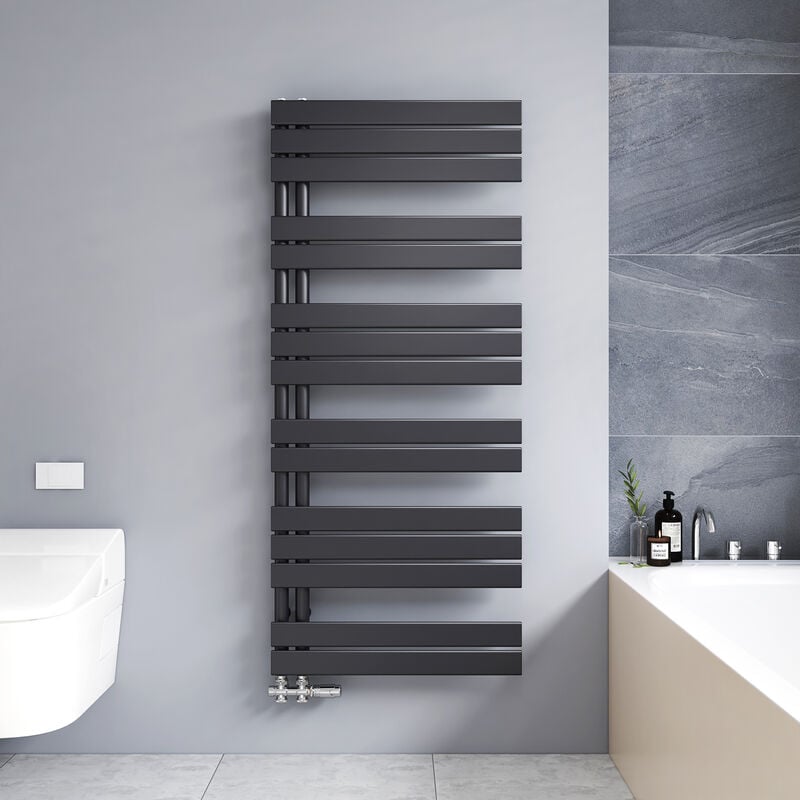 Radiateur sèche-Serviettes eau chaude 798W Anthracite 1385x600mm Plat Asymétrique à latérale ouverture - Meykoers