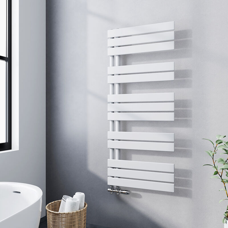 Radiateur sèche-Serviettes eau chaude Blanc 1176x500mm Plat Asymétrique à latérale ouverture 573W - Meykoers