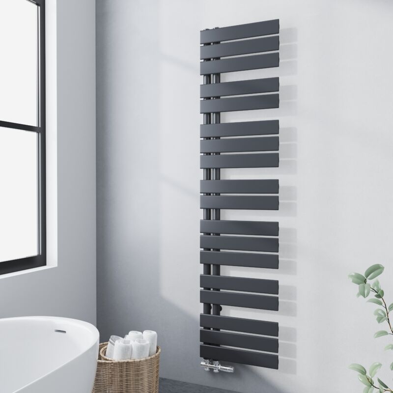 Sèche serviette 1662 x 400mm Radiateur Sèche-serviette eau Chaude Asymétrique Lames plates ouverture latérale Design Anthracite 731W - Meykoers