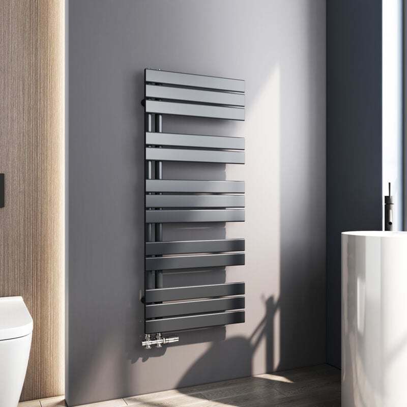 Meykoers - Sèche serviette 1176 x 500mm Radiateur Sèche-serviette eau Chaude Asymétrique Lames plates ouverture latérale Design Anthracite 601W