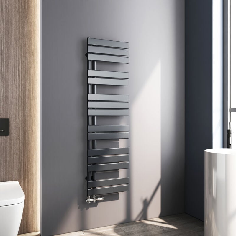 Meykoers - Sèche serviette 1385 x 400mm Radiateur Sèche-serviette eau Chaude Asymétrique Lames plates ouverture latérale Design Anthracite 598W