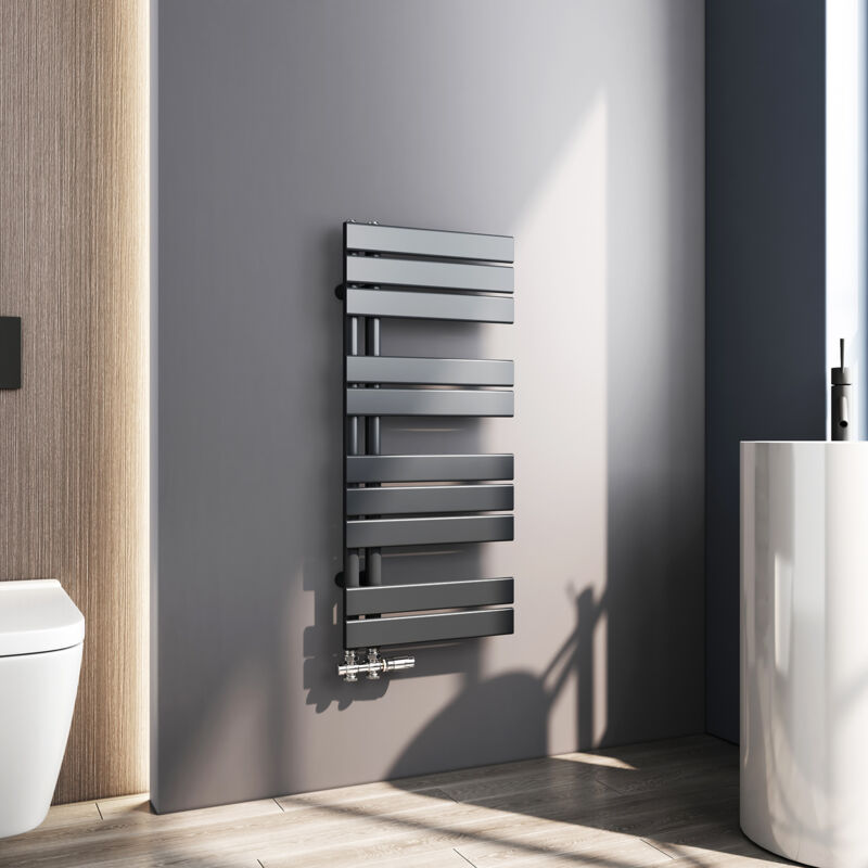 Sèche serviette 899 x 400mm Radiateur Sèche-serviette eau Chaude Asymétrique Lames plates ouverture latérale Design Anthracite 399W - Meykoers