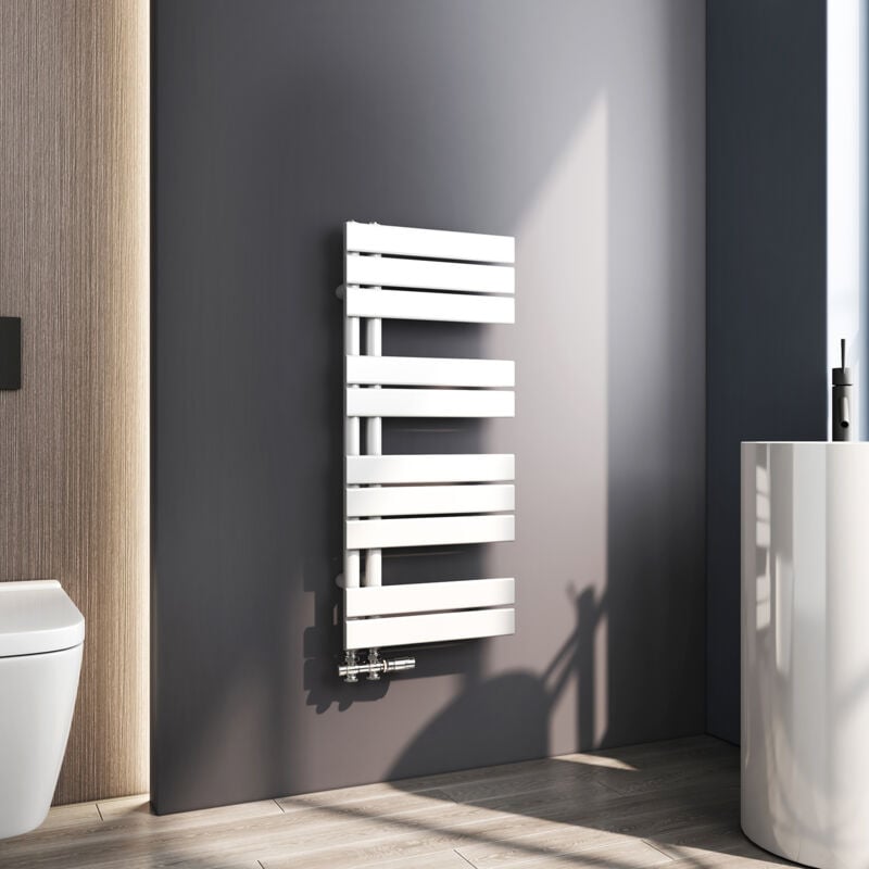 Sèche serviette 899 x 400mm Radiateur Sèche-serviette eau Chaude Asymétrique Lames plates ouverture latérale Design Blanc 380W - Meykoers