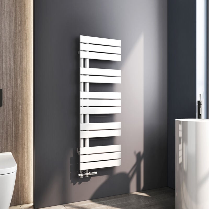 Sèche serviette 1176 x 400mm Radiateur Sèche-serviette eau Chaude Asymétrique Lames plates ouverture latérale Design Blanc 494W - Meykoers