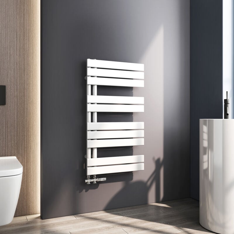 Sèche serviette 899 x 500mm Radiateur Sèche-serviette eau Chaude Asymétrique Lames plates ouverture latérale Design Blanc 441W - Meykoers