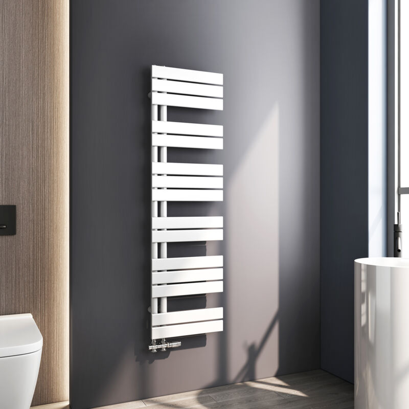 Meykoers Sèche serviette 1385 x 400mm Radiateur Sèche-serviette eau Chaude Asymétrique Lames plates ouverture latérale Design Blanc 570W